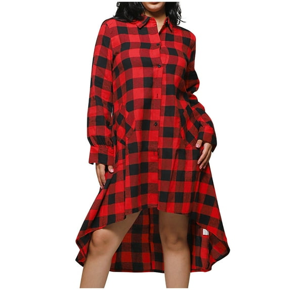 Women's Vintage Plaid Shirt Dress Long Sleeve Button Up Lapel V Neck High Low Hem Trendy Oversized Casual Dresses Red,L