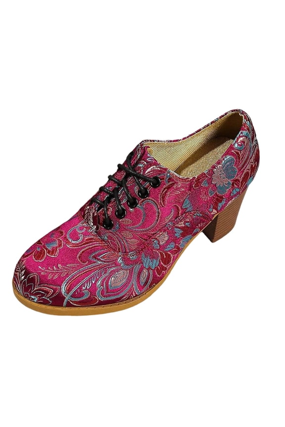 Women's Vintage Pointed Toe Dressy Shoes Embroidered Short Ankle Boots Casual Low Top Lace up Pump Shoes Red Size 6.5