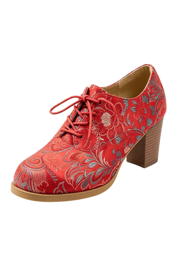 Women's Vintage Pointed Toe Dressy Shoes Embroidered Short Ankle Boots Casual Low Top Lace up Pump Shoes Red Size 8
