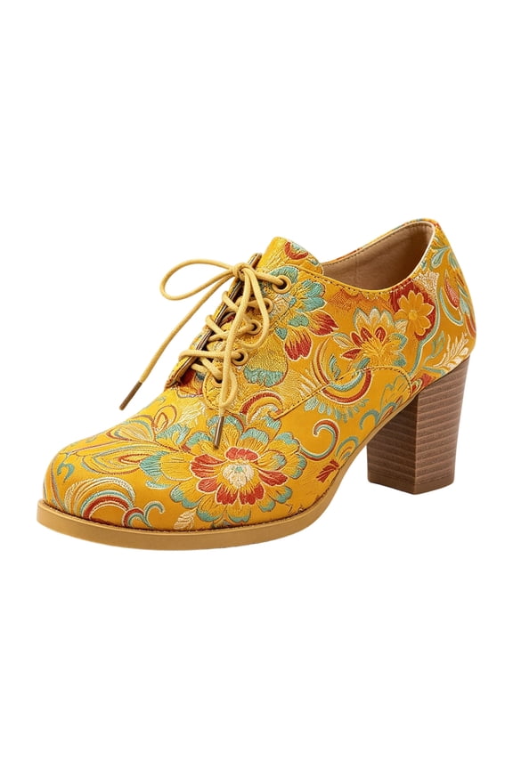 Women's Vintage Pointed Toe Dressy Shoes Embroidered Short Ankle Boots Casual Low Top Lace up Pump Shoes Yellow Size 8