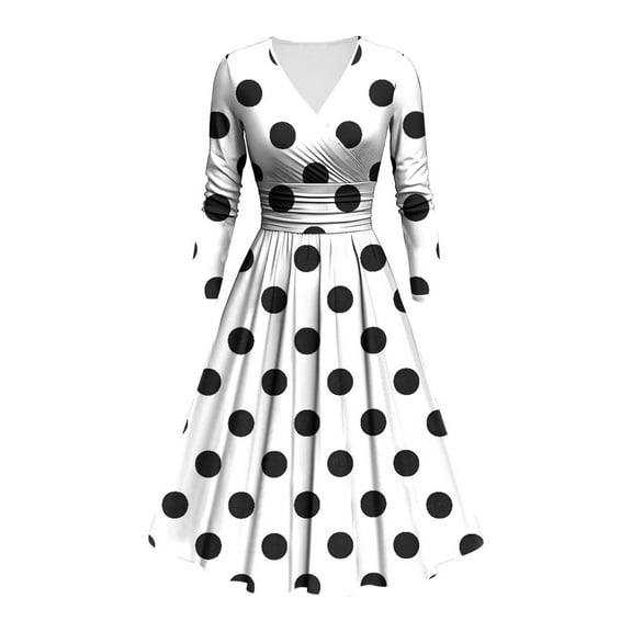 Women's Vintage Polka Dot Dress 3/4 Sleeve V-Neck A-Line Swing Dress for Party and Casual Wear