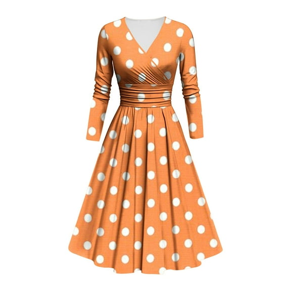 Women's Vintage Polka Dot Dress Long Sleeve V-Neck A-Line Swing Dress with Ruched Waist, Yellow/Purple