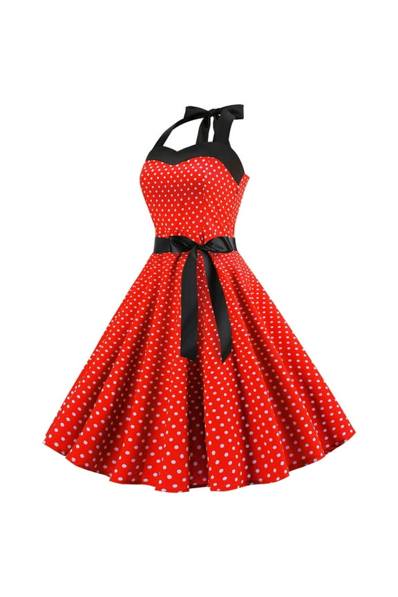 Women's Vintage Polka Dot Halter Dresses 1950s Retro Rockabilly Cocktail Swing Dresses 50s 60s Prom Dress Tea Length