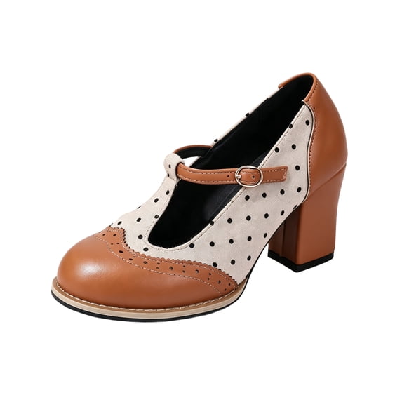Women's Vintage Polka Dot Mary Jane Pumps,Two Tone T-Strap Brogue Wingtip Chunky Heels,Round Closed Toe 1920s & 1940s Retro Oxford Dress Shoes,Lolita Heels for Office & Wedding & Party Brown 5