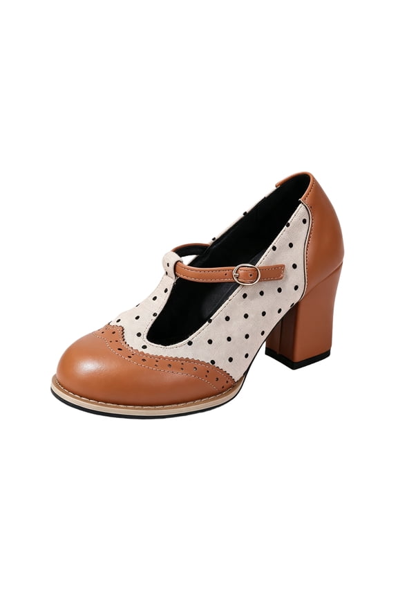Women's Vintage Polka Dot Mary Jane Pumps,Two Tone T-Strap Brogue Wingtip Chunky Heels,Round Closed Toe 1920s & 1940s Retro Oxford Dress Shoes,Lolita Heels for Office & Wedding & Party Brown 6