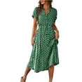 thumbnail image 1 of Women's Vintage Polka Dot Midi Dress Short Sleeve V-Neck Button Down Casual Summer Dress with Adjustable Waist Tie,Army Green L, 1 of 8
