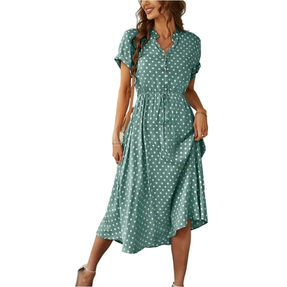 Women's Vintage Polka Dot Midi Dress Short Sleeve V-Neck Button Down Casual Summer Dress with Adjustable Waist Tie,Dark Green L