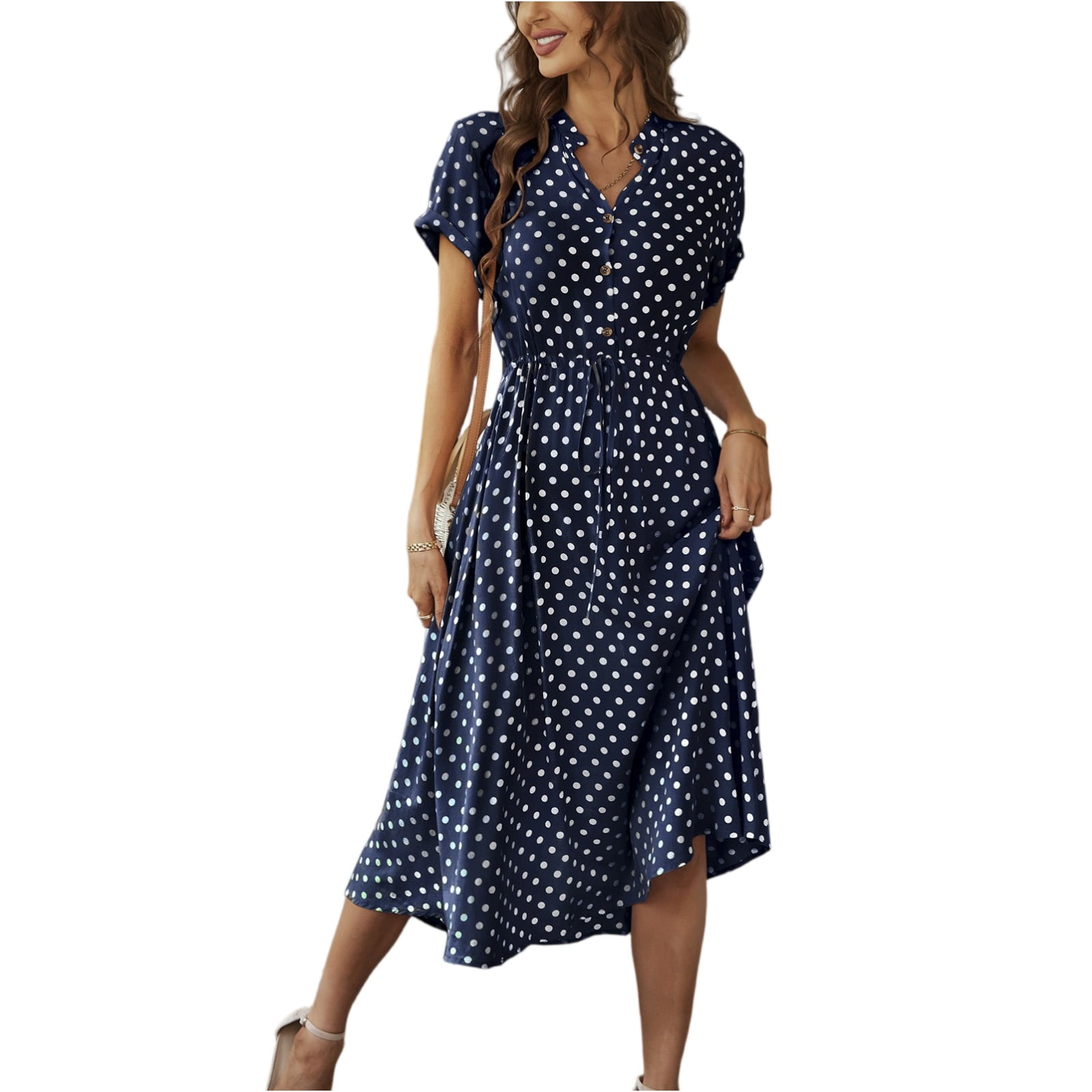 knee length dresses for ladies Navy Polka Dot Linen Midi Dress – self-portrait-US