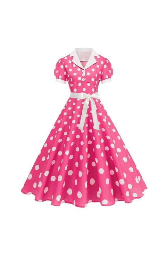 Women's Vintage Polka Dot Shirt Dress V-Neck Collar French Retro Short Sleeve Dress A-Line Dress With Belt Party Evening Prom Gown