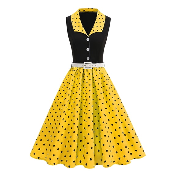 Women's Vintage Polka Dress Sleeveless Lapel Button Shirt Dress A-Line Flowy Cocktail Dress Yellow S
