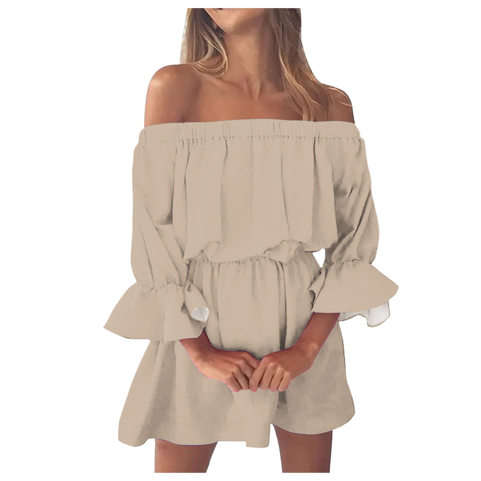 Women's Vintage Print Off-Shoulder Bell Sleeve Mini Dress - Casual Loose  Fit Summer Beach Dress with Floral Design, Polyester Material - Walmart.com