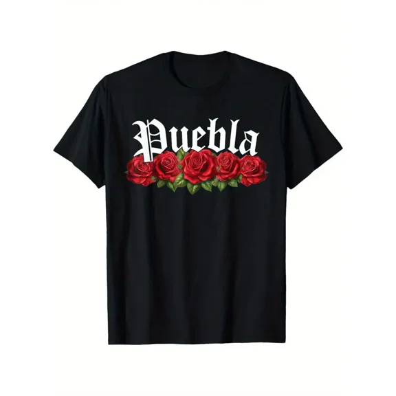 Women's Vintage Puebla Mexico Graphic T-Shirt with Red Roses & White Script - Black Short Sleeve Round Neck Casual Tee, All-Season Comfort, Machine Washable