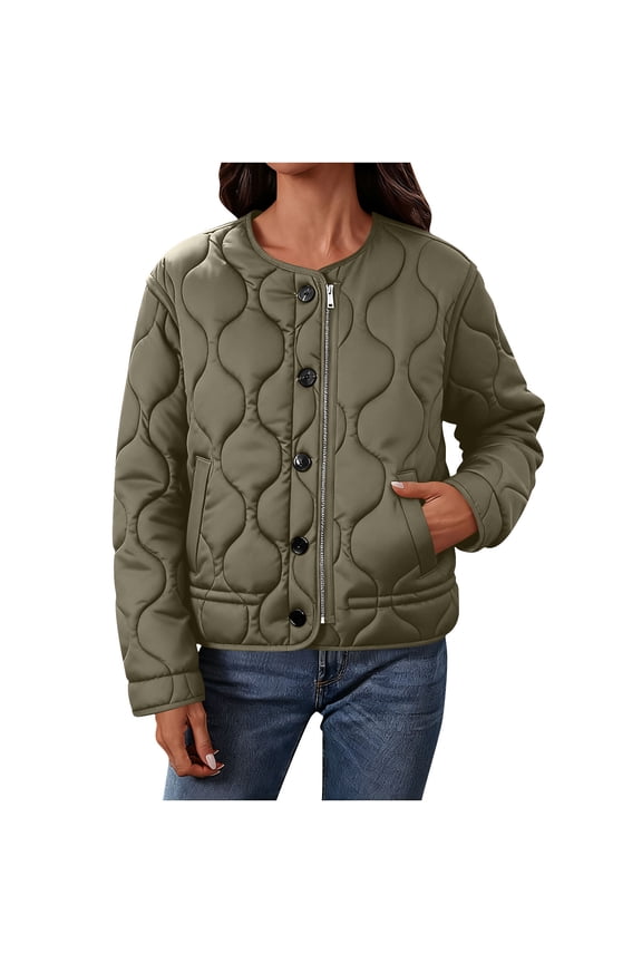 Women's Vintage Quilted Puffer Jacket - Oversized Cropped Zip-Up Fall Winter Outerwear, Lightweight Warm Collarless Coat with Button Detail