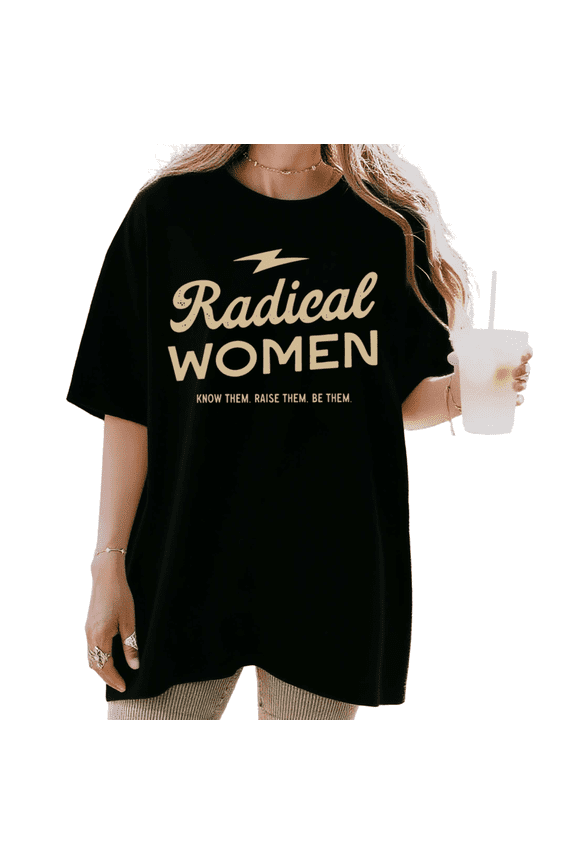 Women's Vintage "Radical Women" Lightning Bolt Casual T Shirt Feminist Empowerment Short Sleeve Round Neck Top Black S-5XL