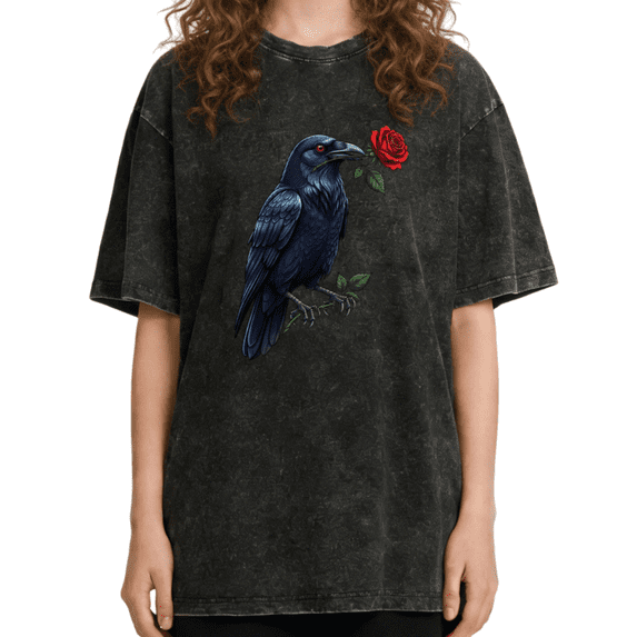 Women's Vintage Raven & Red Rose Graphic Breathable Washed T Shirt Gothic Romantic Bird Lover Black S-2XL Plus Size
