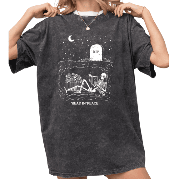 Women's Vintage "Read In Peace" Skeleton Graphic Comfortable Washed T Shirt Book Lover Black S-2XL Plus Size