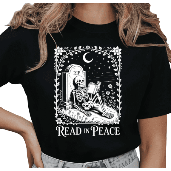 Women's Vintage "Read In Peace" Skeleton Reading Graphic Comfortable Cotton T Shirt Short Sleeve Round Neck Top Black S-5XL