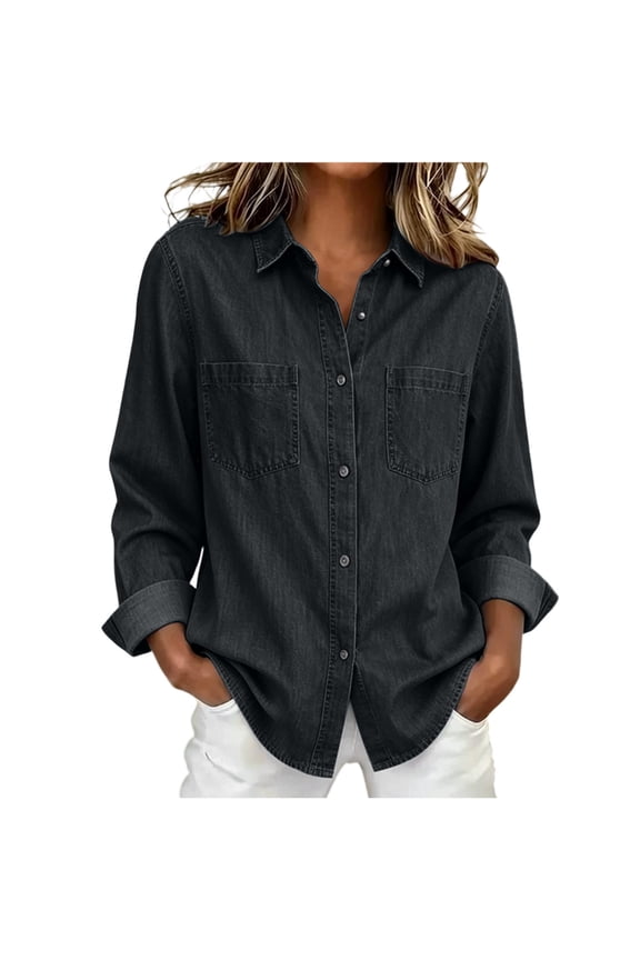 Women's Vintage Retro Denim Button Down Jacket Long Sleeve Lapel Collar Dual Chest Patch Pockets Light Denim Multi Classic Shades for Street Outfits Weekend Strolls Black L