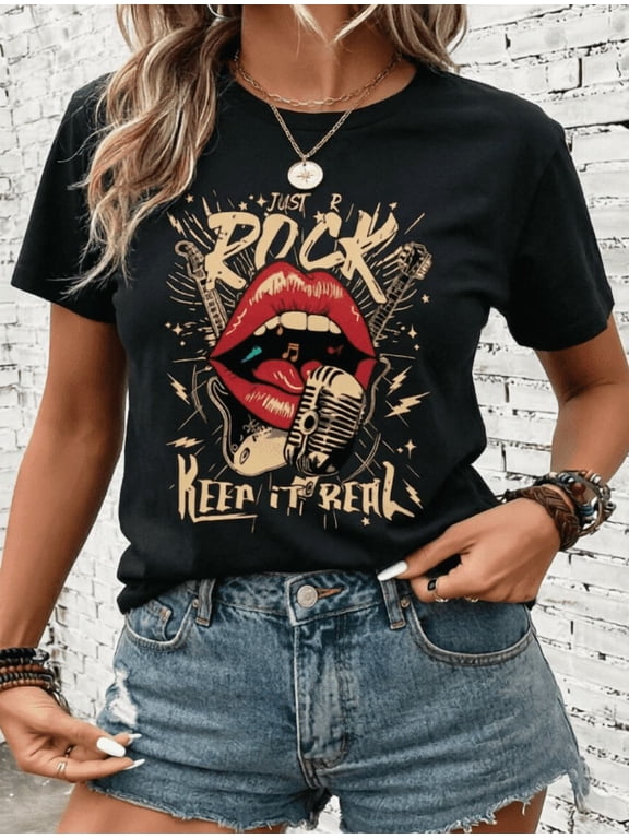 Women's Vintage Rock Music Graphic T‑Shirt, Retro Lips Microphone Guitar Rock‑n‑Roll Print Crew Neck Short Sleeve Casual Summer Tee