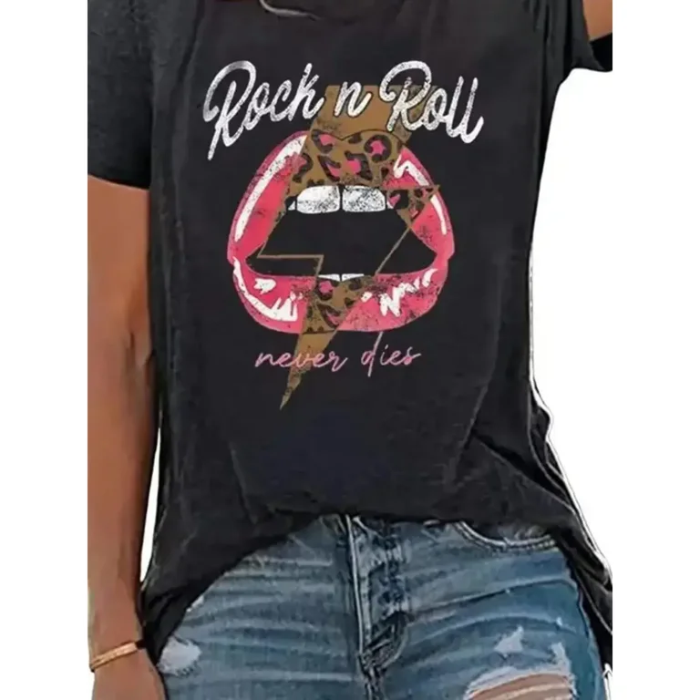 Women's Vintage Rock N Roll Never Dies Graphic Tee Leopard Print