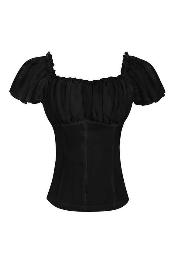 Women's Vintage Ruched Square Neck Renaissance Solid Shirt Puff Sleeve Slim Fitted Casual Tee Tops