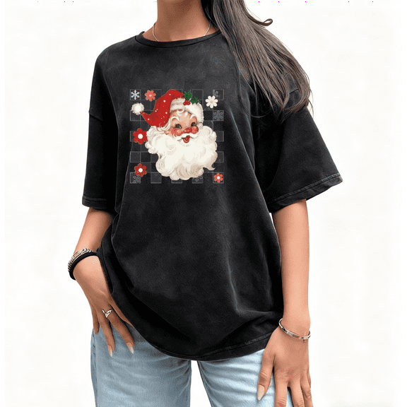 Women's Vintage Santa Graphic Casual Top for Holiday Users Graphic Tee Comfortable Black S-2XL Plus Size