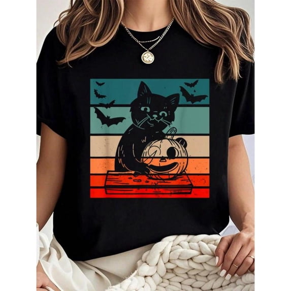 Women's Vintage Scary Halloween Graphic T-Shirt - Black Cat & Pumpkin Design,Regular Fit,Causal,cotton,black,S-5XL