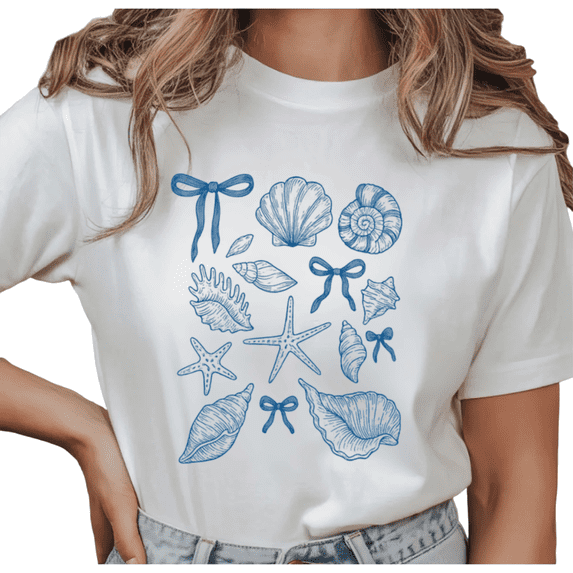 Women's Vintage Seashells & Bows Graphic T Shirt Coquette Beach Ocean Lover Breathable Short Sleeve Round Neck Top White S-5XL
