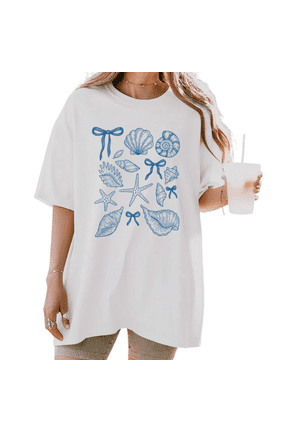 Women's Vintage Seashells & Bows Graphic T Shirt Coquette Beach Ocean Lover Breathable Short Sleeve Round Neck Top White S-5XL