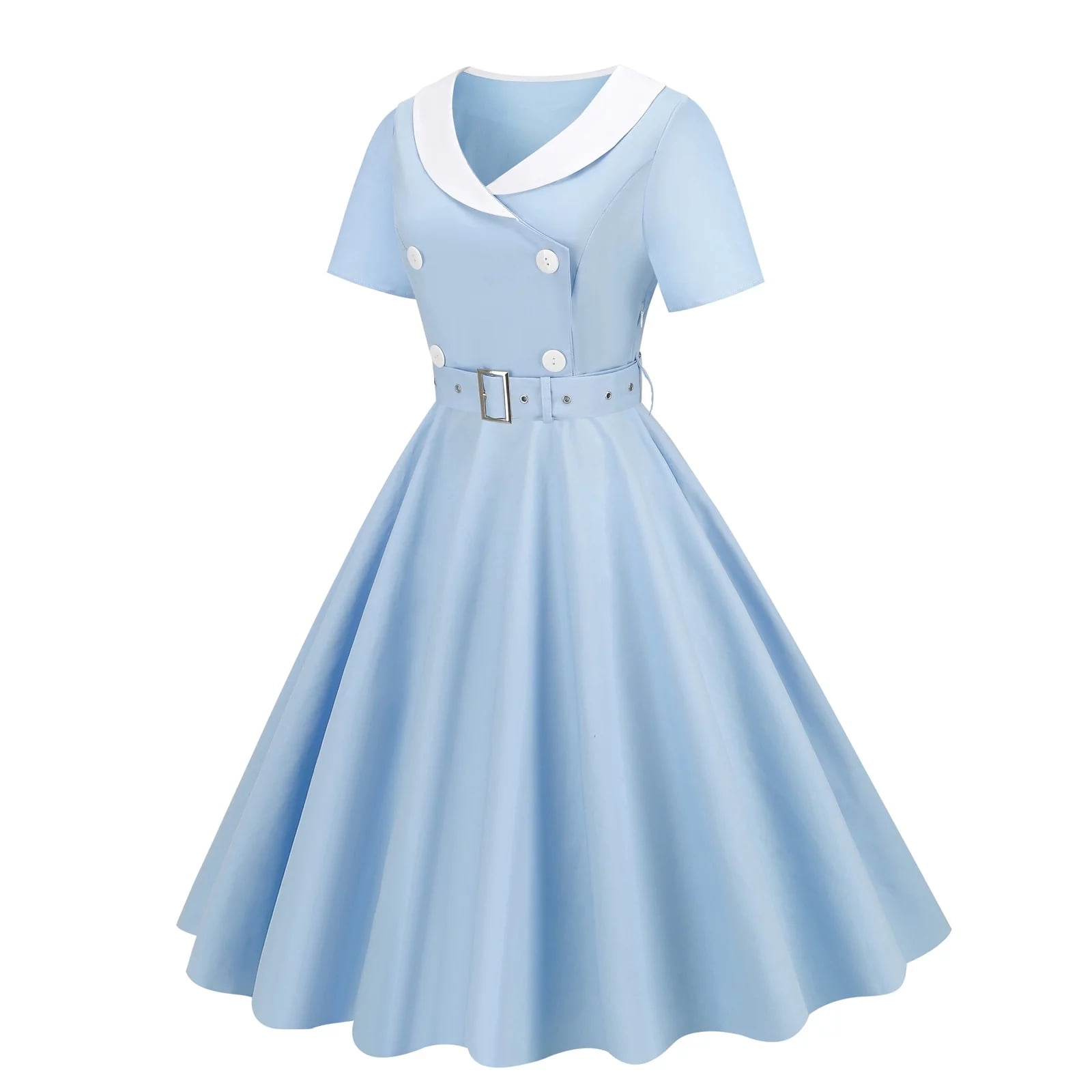 Pinup Women Square Collar Button Front Belted 50s Rockabilly Dress Short Sleeve Pocket Elegant Solid Vintage Dresses