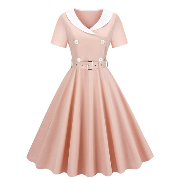 Women's Vintage Short Sleeve Dress Style 1950s Retro Rockabilly Belted Cocktail Swing Tea Party Dresses