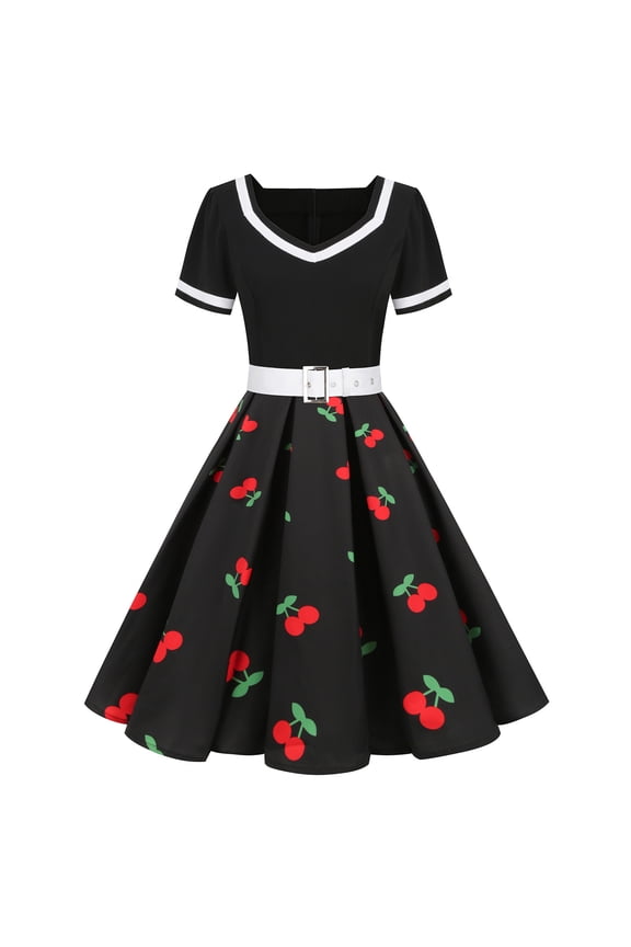 Women's Vintage Short Sleeve Flare Swing Prom Dress 1950s Retro Elegant Cocktail Swing Tea Party Dresses
