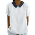 thumbnail image 1 of Women's Vintage Short Sleeve Lapel Neck Solid Color Cotton Linen Tops Casual Loose Vintage T Shirt White,XL, 1 of 6
