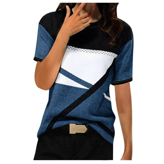 Women's Vintage Short Sleeve Loose Fit Flowy Tunic Tops Dressy Casual Tops for Lady Spring Tops Round Neck Blouse Fashion 2024 Color Block Summer Clothes for Teen Girls Navy T Shirts XL