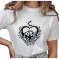 thumbnail image 1 of Women's Vintage Skeleton Lovers Heart T Shirt Gothic Dark Romance Skull Rose Moon Casual Short Sleeve Round Neck Top White S-5XL, 1 of 5