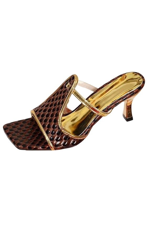 Women's Vintage Slide Heeled Sandals Stylish Metallic Stiletto Heels Mules Elegant Open Square Toe Dressy Shoes Brown Size 7