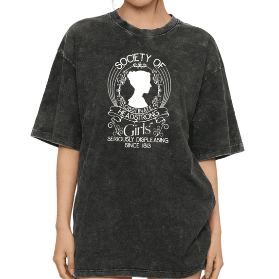 Women's Vintage "Society Of Obstinate Headstrong Girls" Pride And Prejudice Graphic Washed T Shirt Black S-2XL Plus Size