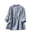 thumbnail image 1 of Women's Vintage Solid Blouses Cotton Linen Button Down Short Sleeve Shirts Summer Loose Crew Neck Casual Boho Tops, 1 of 2