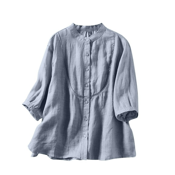 Women's Vintage Solid Blouses Cotton Linen Button Down Short Sleeve Shirts Summer Loose Crew Neck Casual Boho Tops