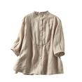 thumbnail image 1 of Women's Vintage Solid Blouses Cotton Linen Button Down Short Sleeve Shirts Summer Loose Crew Neck Casual Boho Tops, 1 of 3