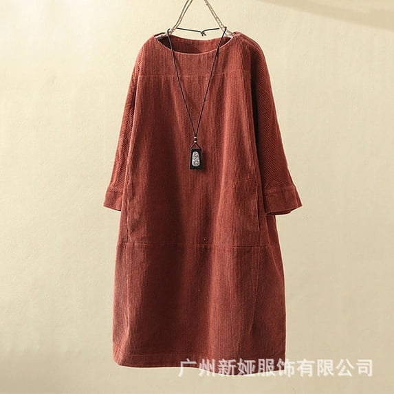 Women's Vintage Solid Color Crew Neck 3/4 Sleeve Summer Casual Baggy Shift Dress