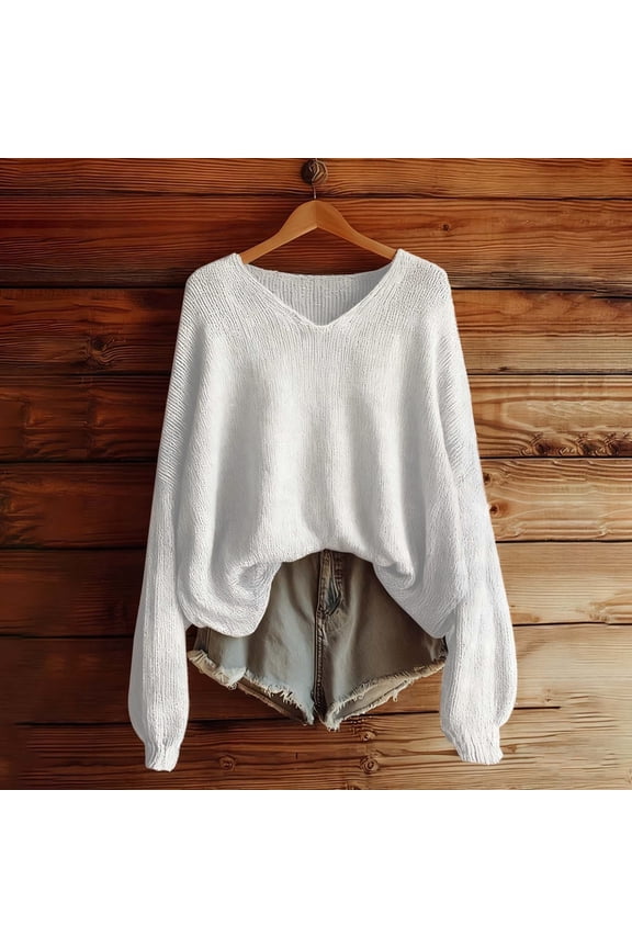 Women's Vintage Solid Color Knit Sweater, Retro Style Ribbed Pullover, Soft Wool Blend Long Sleeve Top, Classic V-Neck Casual Blouse, Timeless Ribbed Cuff Design White M