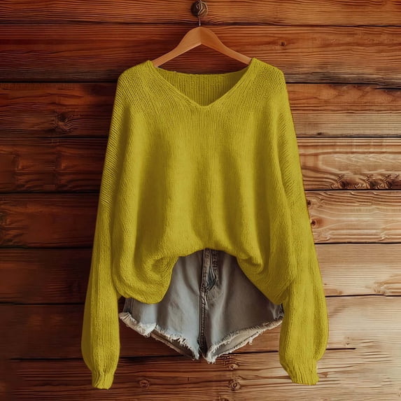 Women's Vintage Solid Color Knit Sweater, Retro Style Ribbed Pullover, Soft Wool Blend Long Sleeve Top, Classic V-Neck Casual Blouse, Timeless Ribbed Cuff Design Yellow L