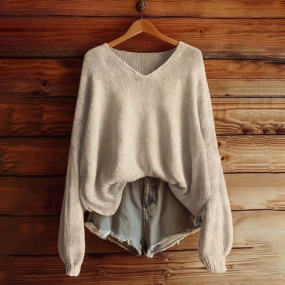 Women's Vintage Solid Color Knit Sweater, Retro Style Ribbed Pullover, Soft Wool Blend Long Sleeve Top, Classic V-Neck Casual Blouse, Timeless Ribbed Cuff Design Beige L