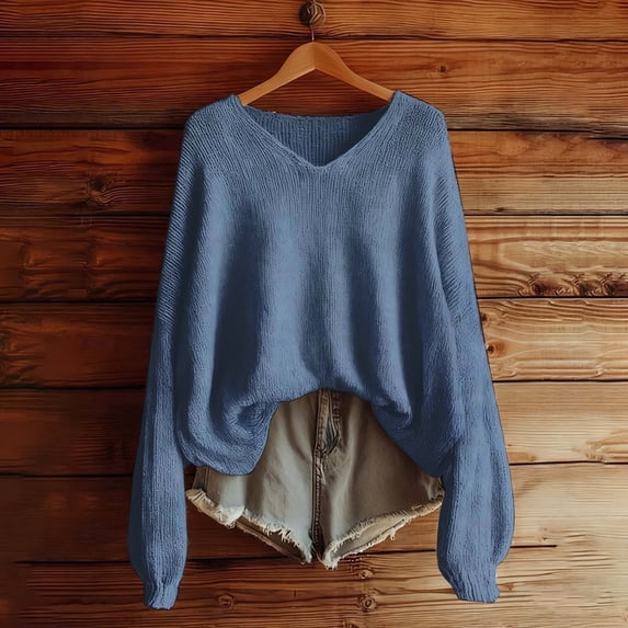 Women's Vintage Solid Color Knit Sweater, Retro Style Ribbed Pullover, Soft Wool Blend Long Sleeve Top, Classic V-Neck Casual Blouse, Timeless Ribbed Cuff Design Blue XXL