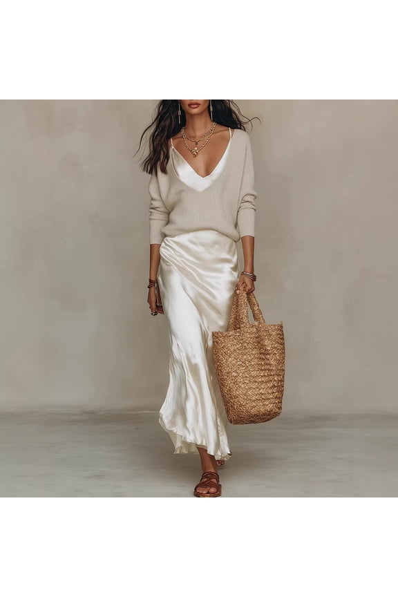 Women's Vintage Solid Two Piece Outfits V Neck Long Sleeve Knit Top & Satin Spaghetti Strap Maxi Dress Elegant Temperament Commuting 2-Piece Set for Office Daily and Formal Occasions