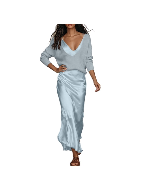 Women's Vintage Solid Two Piece Outfits V Neck Long Sleeve Knit Top & Satin Spaghetti Strap Maxi Dress Elegant Temperament Commuting 2-Piece Set for Office Daily and Formal Occasions