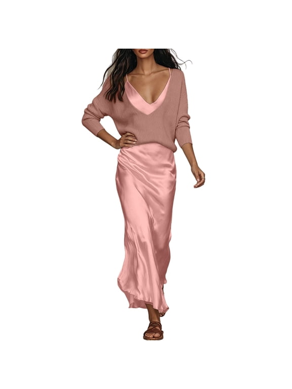Women's Vintage Solid Two Piece Outfits V Neck Long Sleeve Knit Top & Satin Spaghetti Strap Maxi Dress Elegant Temperament Commuting 2-Piece Set for Office Daily and Formal Occasions