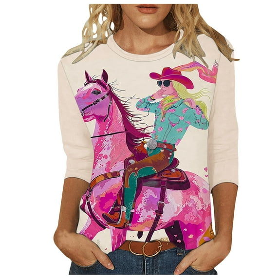 Women's Vintage Spring Elegant Shirts Fashion 2024 3D Horse Printing Y2K Tops Dressy Casual Crew Neck Blouse Summer Clothes for Teen Girls 3/4 Sleeve Tunic Tops Loose Fit Flowy Pink T Shirts L