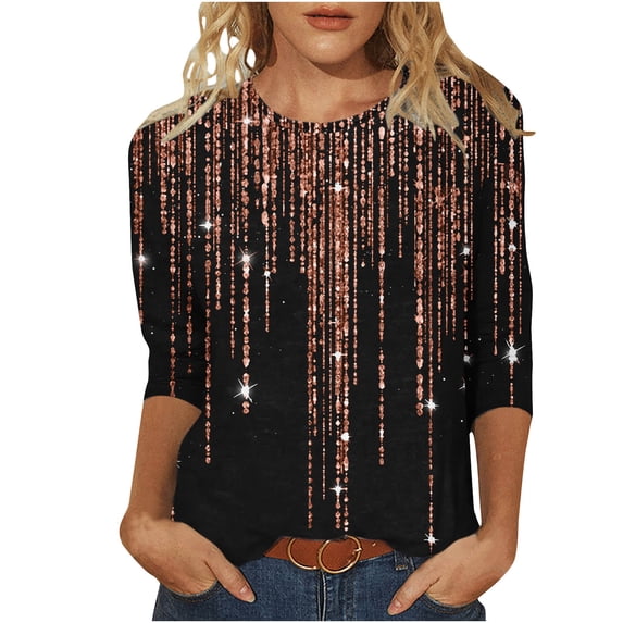 Women's Vintage Spring Elegant Shirts Fashion 2024 Summer Clothes for Teen Girls Floal Printing Round Neck Blouse 3/4 Sleeve Tunic Tops Loose Fit Flowy Y2K Tops Dressy Casual Black T Shirts XXXL